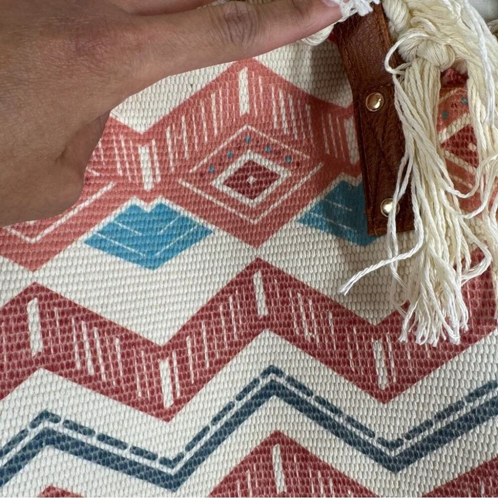 Boho Aztec Fringe Tote Bag Tribal Canvas Beach Shopper Southwest Style Summer - Picture 4 of 14